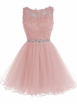 Picture of Cute Pink Handmade Tulle Beaded Party Dresses, Pink Homecoming Dresses